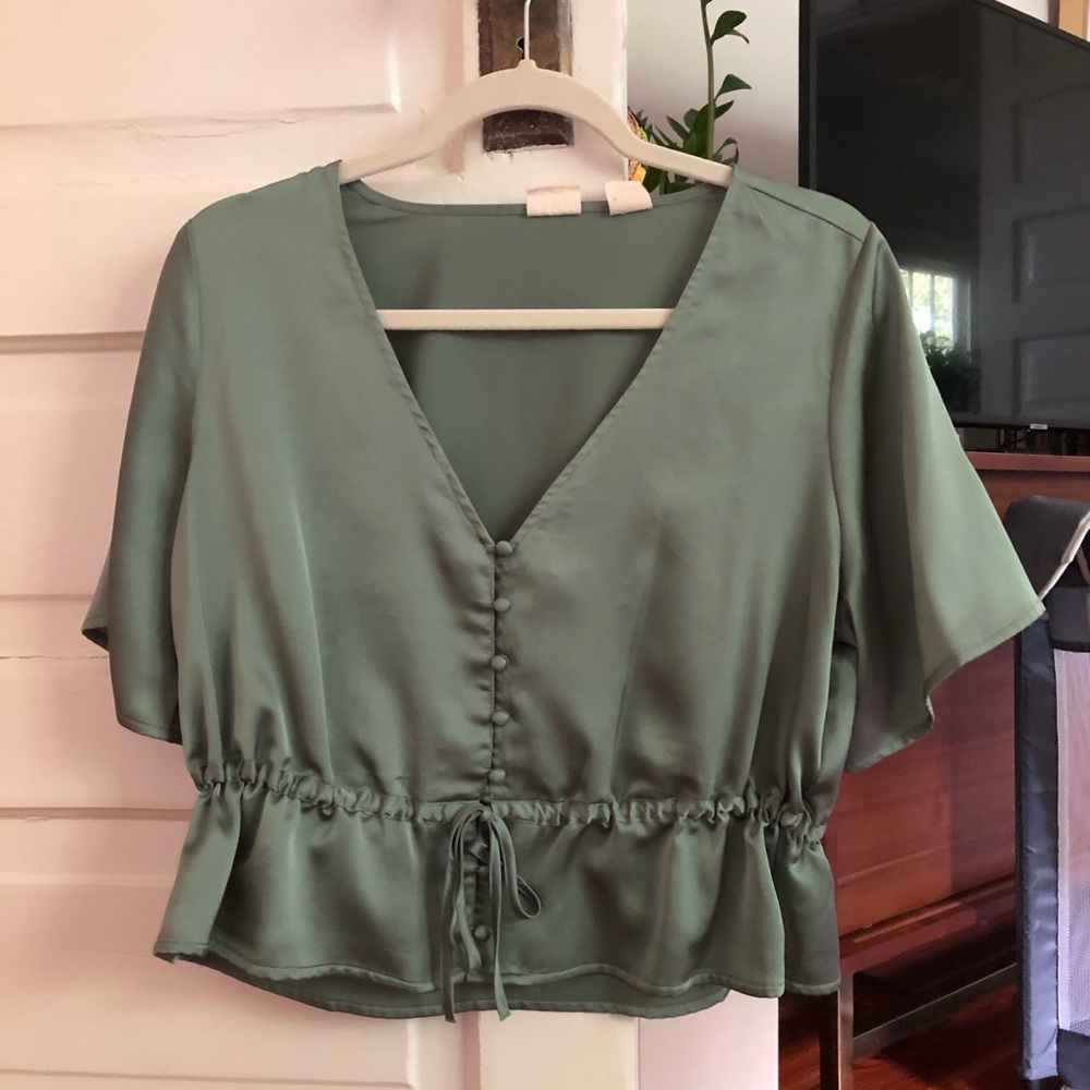 Levi's Sage Green Satin V-Neck Drawstring Peplum Blouse